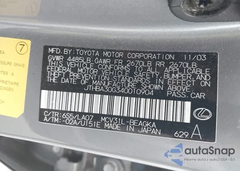 2004 Lexus Es 330 из США, поврежденный, VIN JTHBA30G340010904